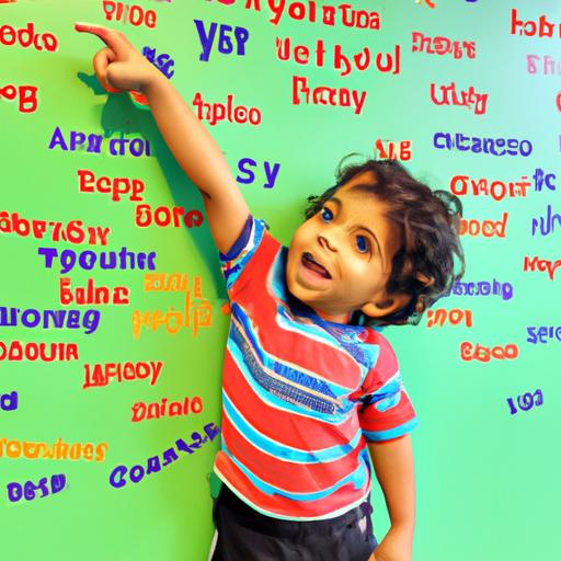 Một bức ảnh cho thấy một đứa trẻ vui vẻ chỉ tay vào một bảng chữ cái đầy màu sắc trên tường.